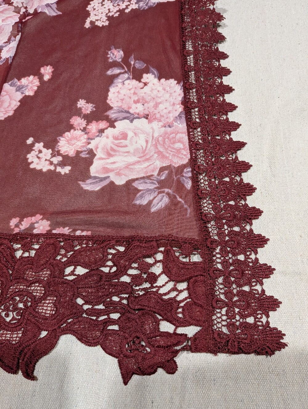 Floral Lace Trim Burgundy Sheer Kimono - Picture 4 of 6